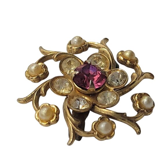 Vintage Floral Brooch With Pink Rhinestone & Faux Pearl Accents Gold Tone - Picture 4 of 8